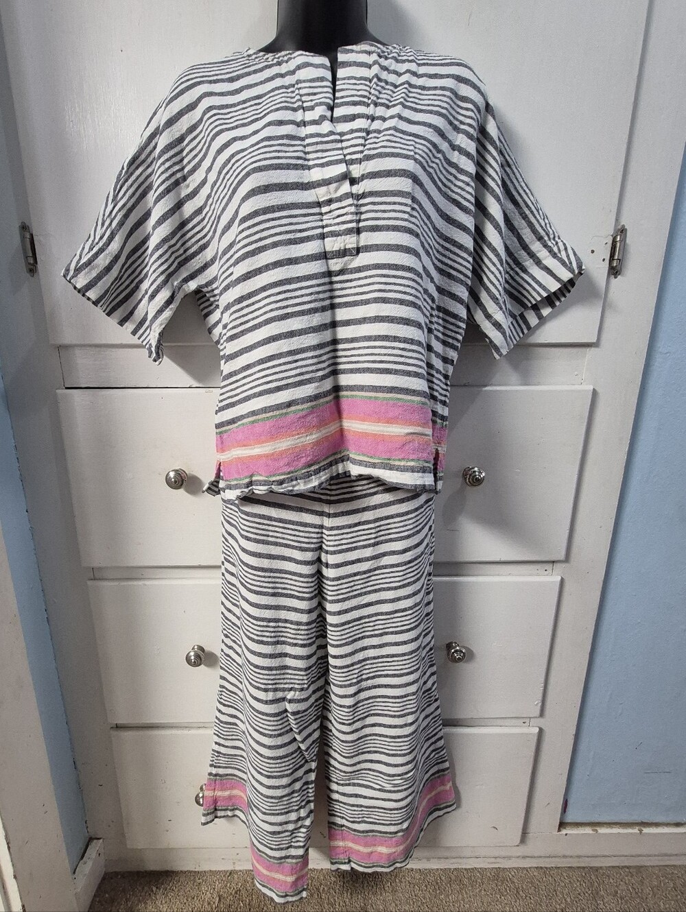 Trina Turk Striped Linen Co-Ord Outfit Pao Tunic Blouse & Wide Leg Pants Sz Sm